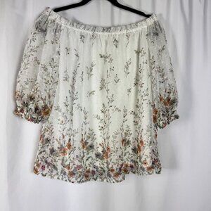 Orchid Haze White Swiss Dot Floral Off Shoulder Blouse 3/4 Sleeve Lined Torso‎ L
